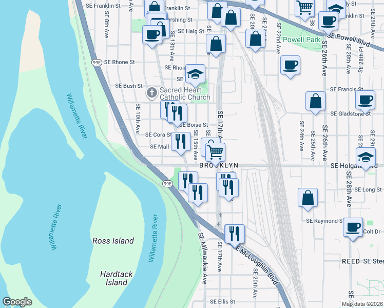 map of restaurants, bars, coffee shops, grocery stores, and more near 4423 Southeast 15th Avenue in Portland