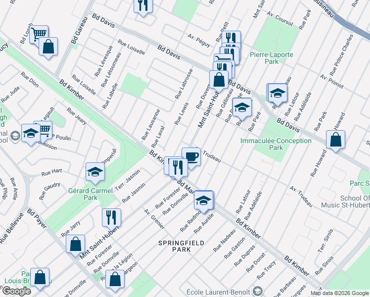 map of restaurants, bars, coffee shops, grocery stores, and more near 3910 Montée Saint-Hubert in Longueuil