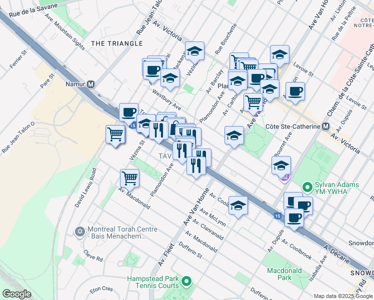 map of restaurants, bars, coffee shops, grocery stores, and more near 6445 Boulevard Décarie in Montréal