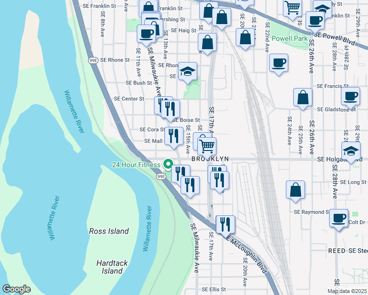 map of restaurants, bars, coffee shops, grocery stores, and more near in Portland