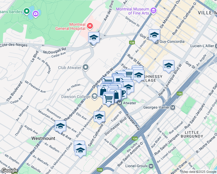 map of restaurants, bars, coffee shops, grocery stores, and more near 2320 Avenue Lincoln in Montréal