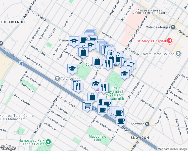 map of restaurants, bars, coffee shops, grocery stores, and more near 4975 Avenue Bourret in Montréal