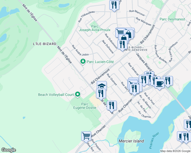 map of restaurants, bars, coffee shops, grocery stores, and more near 455 Boulevard Chèvremont in Montréal