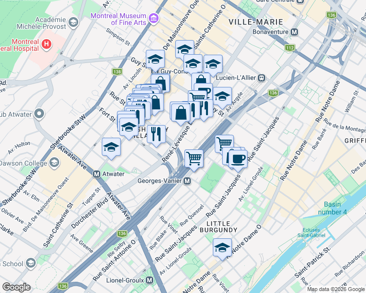 map of restaurants, bars, coffee shops, grocery stores, and more near 1800 Boulevard René-Lévesque Ouest in Montréal