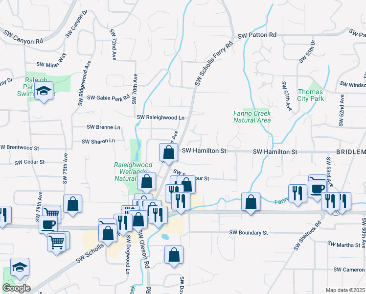 map of restaurants, bars, coffee shops, grocery stores, and more near 6517 Southwest Santa Monica Court in Portland