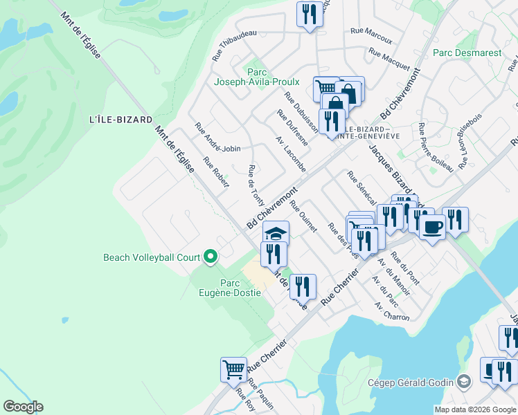 map of restaurants, bars, coffee shops, grocery stores, and more near 455 Boulevard Chèvremont in Montréal