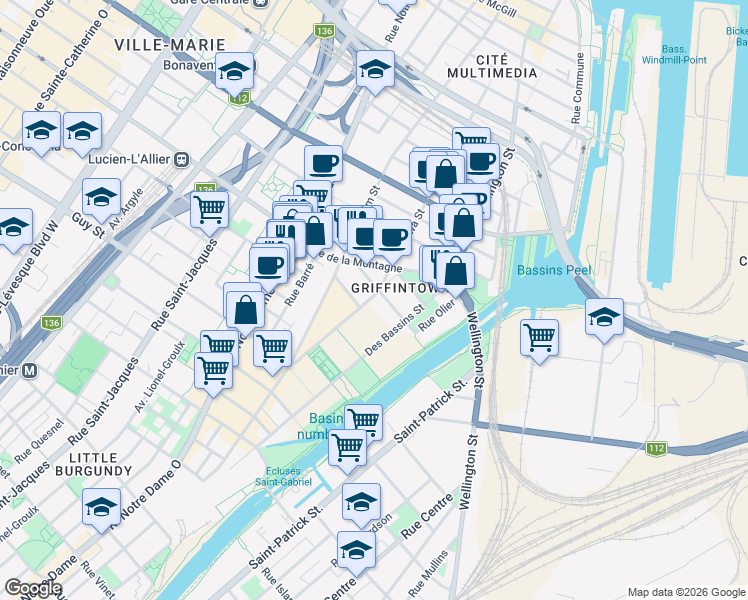 map of restaurants, bars, coffee shops, grocery stores, and more near 1400 Rue Ottawa in Montréal