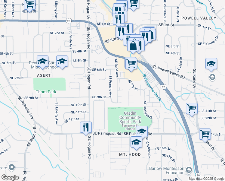 map of restaurants, bars, coffee shops, grocery stores, and more near 890 Southeast Francis Avenue in Gresham