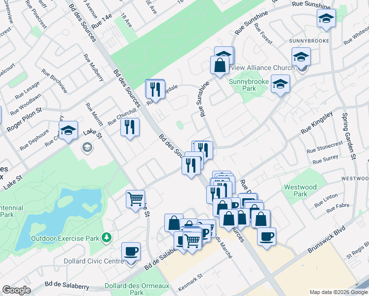 map of restaurants, bars, coffee shops, grocery stores, and more near 3869 Boulevard des Sources in Dollard-des-Ormeaux