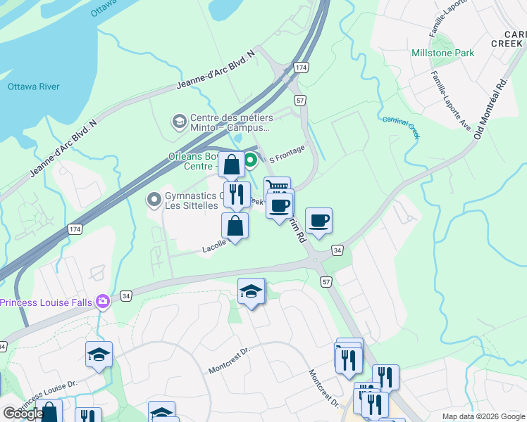 map of restaurants, bars, coffee shops, grocery stores, and more near 500 Lacolle Way in Ottawa