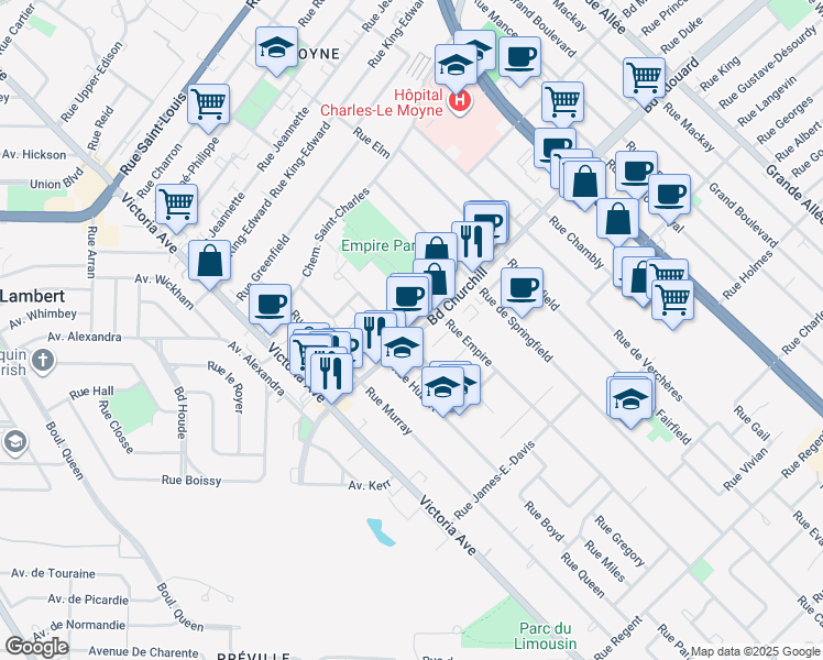 map of restaurants, bars, coffee shops, grocery stores, and more near 116 Boulevard Churchill in Longueuil
