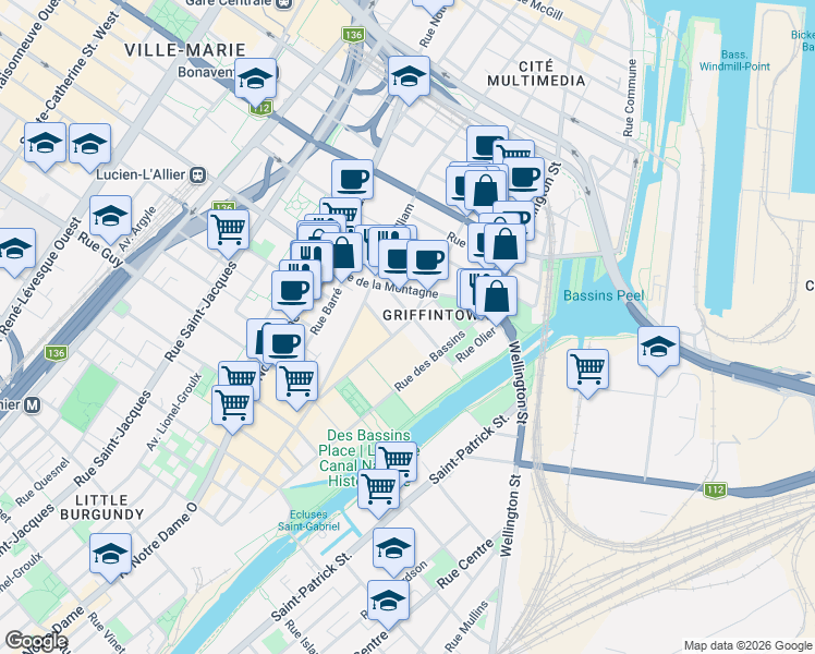 map of restaurants, bars, coffee shops, grocery stores, and more near 1400 Rue Ottawa in Montreal