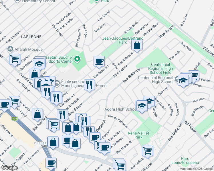 map of restaurants, bars, coffee shops, grocery stores, and more near 1560 Rue Soucy in Longueuil