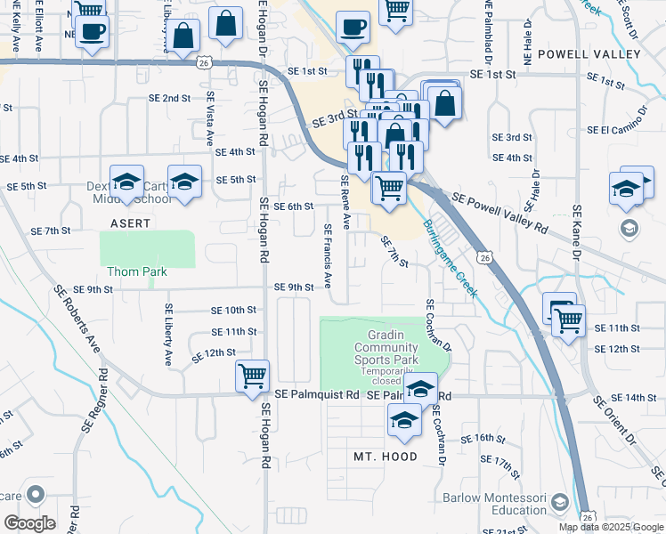 map of restaurants, bars, coffee shops, grocery stores, and more near 890 Southeast Francis Avenue in Gresham