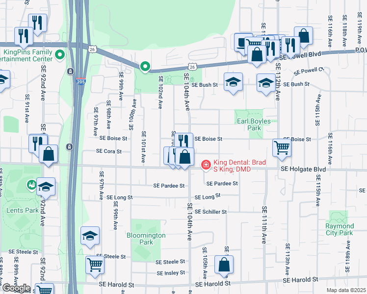 map of restaurants, bars, coffee shops, grocery stores, and more near 10325 Southeast Holgate Boulevard in Portland