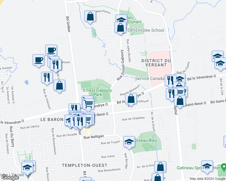 map of restaurants, bars, coffee shops, grocery stores, and more near 97 Rue Ernest-Gaboury in Gatineau