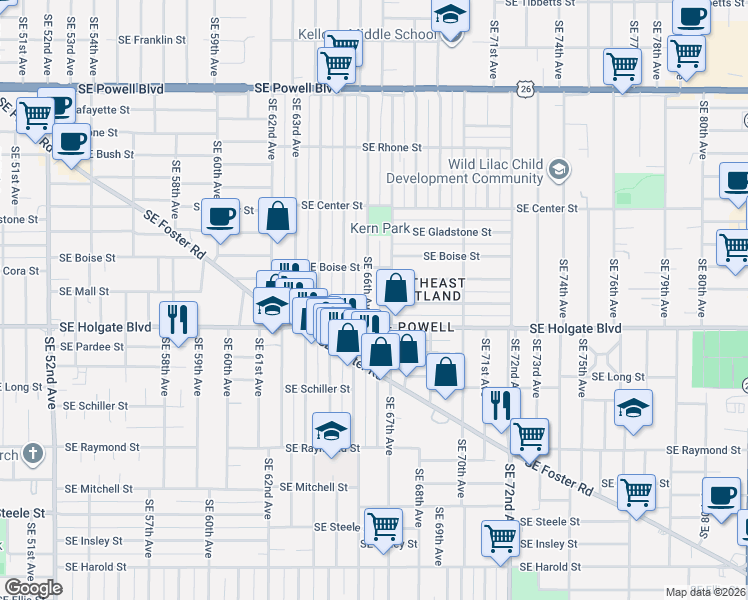 map of restaurants, bars, coffee shops, grocery stores, and more near 4424 Southeast 66th Avenue in Portland