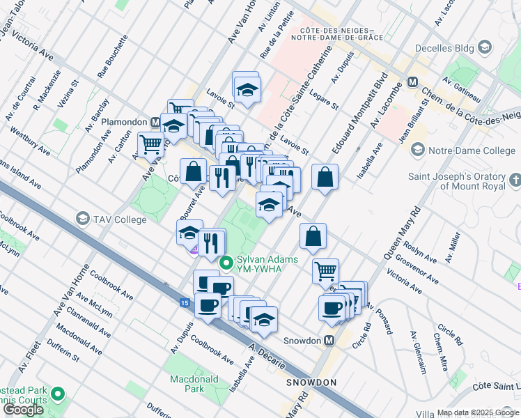 map of restaurants, bars, coffee shops, grocery stores, and more near 5555 Rue Beaucourt in Montreal
