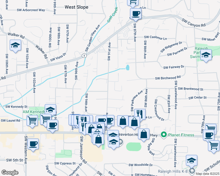 map of restaurants, bars, coffee shops, grocery stores, and more near 3990 Southwest 91st Avenue in Portland