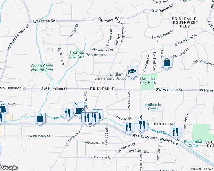 map of restaurants, bars, coffee shops, grocery stores, and more near 4504 Southwest Shattuck Road in Portland