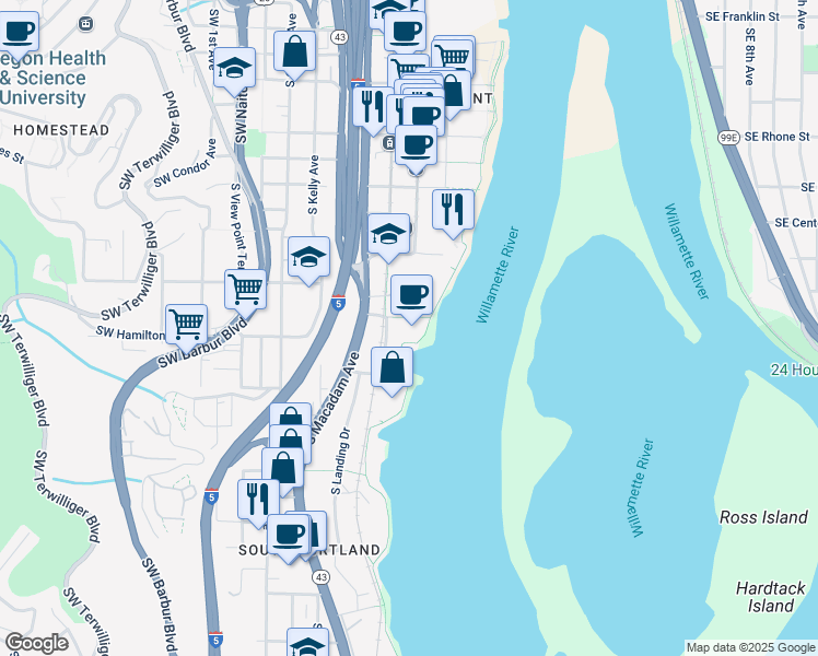 map of restaurants, bars, coffee shops, grocery stores, and more near 4386 South Macadam Avenue in Portland