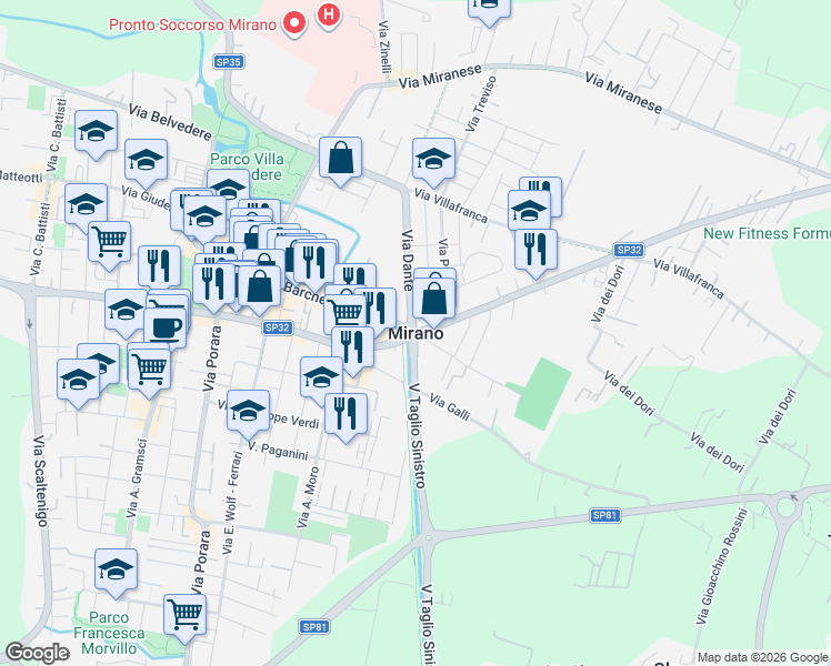map of restaurants, bars, coffee shops, grocery stores, and more near in Mirano