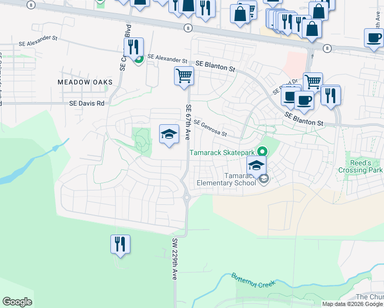 map of restaurants, bars, coffee shops, grocery stores, and more near 6818 Southeast Provence Street in Hillsboro