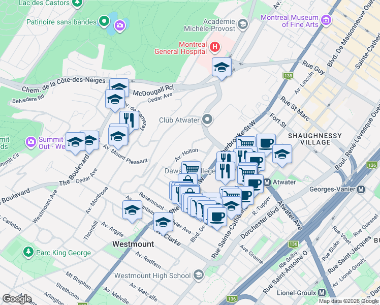 map of restaurants, bars, coffee shops, grocery stores, and more near 3488 Avenue Holton in Montréal