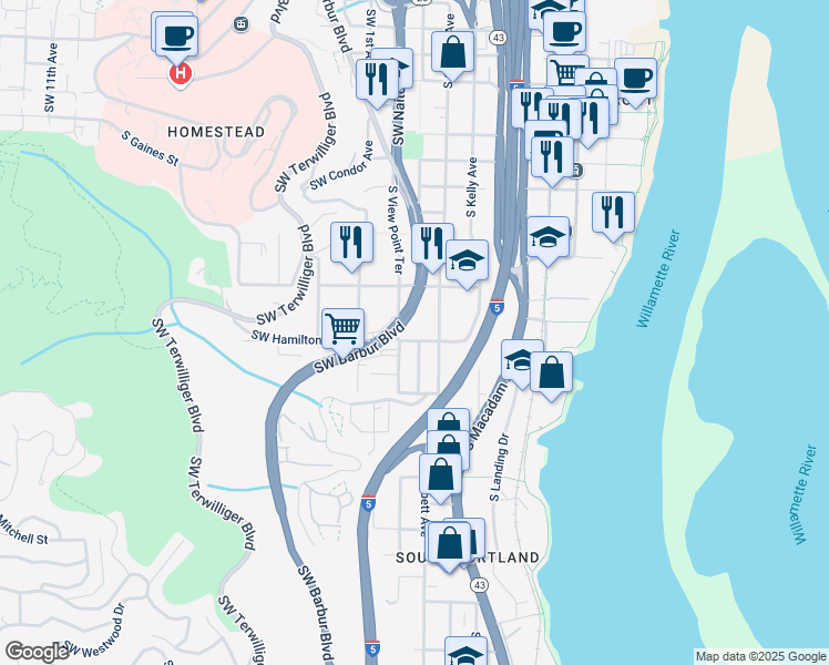 map of restaurants, bars, coffee shops, grocery stores, and more near 27 South Hamilton Street in Portland