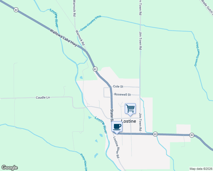 map of restaurants, bars, coffee shops, grocery stores, and more near 109 Oregon 82 in Lostine