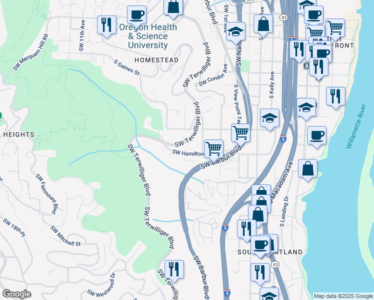 map of restaurants, bars, coffee shops, grocery stores, and more near 359 Southwest Hamilton Street in Portland
