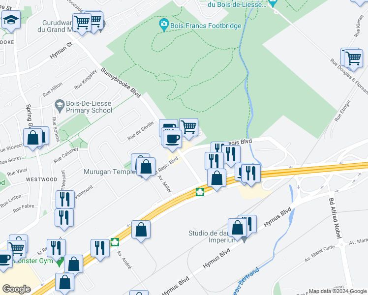 map of restaurants, bars, coffee shops, grocery stores, and more near 1351 Boulevard Sunnybrooke in Dollard-des-Ormeaux