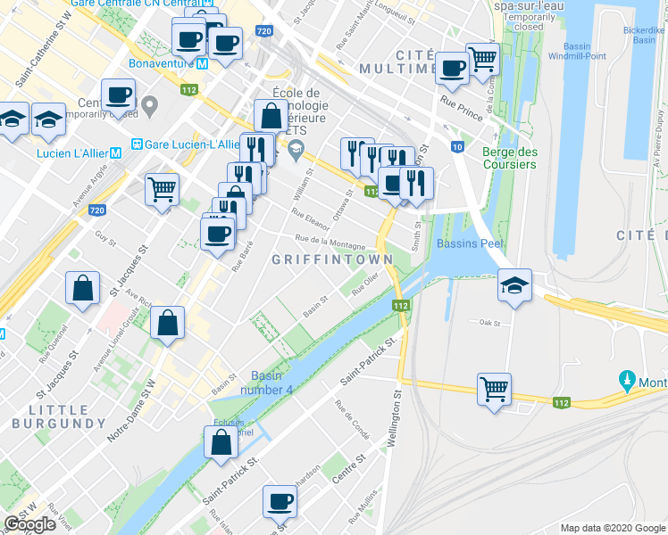 map of restaurants, bars, coffee shops, grocery stores, and more near 150 Rue du Séminaire in Montréal