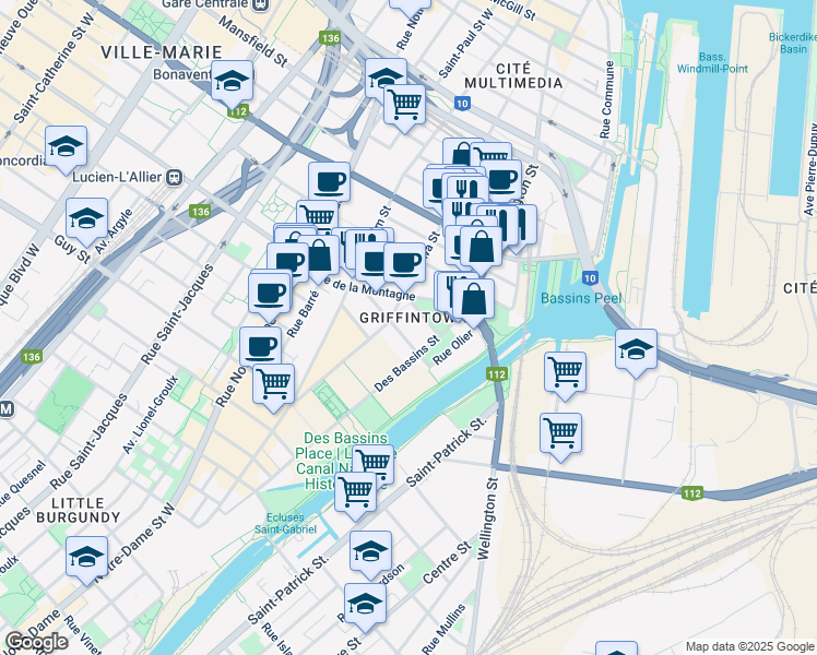map of restaurants, bars, coffee shops, grocery stores, and more near 185 Rue du Séminaire in Montréal