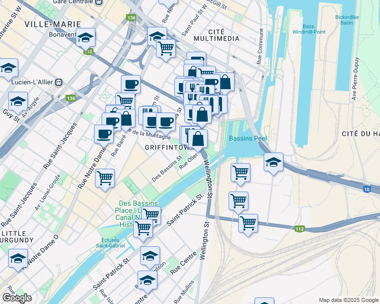 map of restaurants, bars, coffee shops, grocery stores, and more near 1228 Rue des Bassins in Montréal