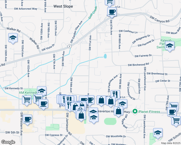 map of restaurants, bars, coffee shops, grocery stores, and more near 3990 Southwest 91st Avenue in Portland
