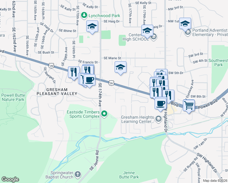 map of restaurants, bars, coffee shops, grocery stores, and more near 879 Southwest Junction Place in Gresham