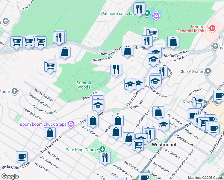 map of restaurants, bars, coffee shops, grocery stores, and more near 10 Sunnyside Avenue in Westmount