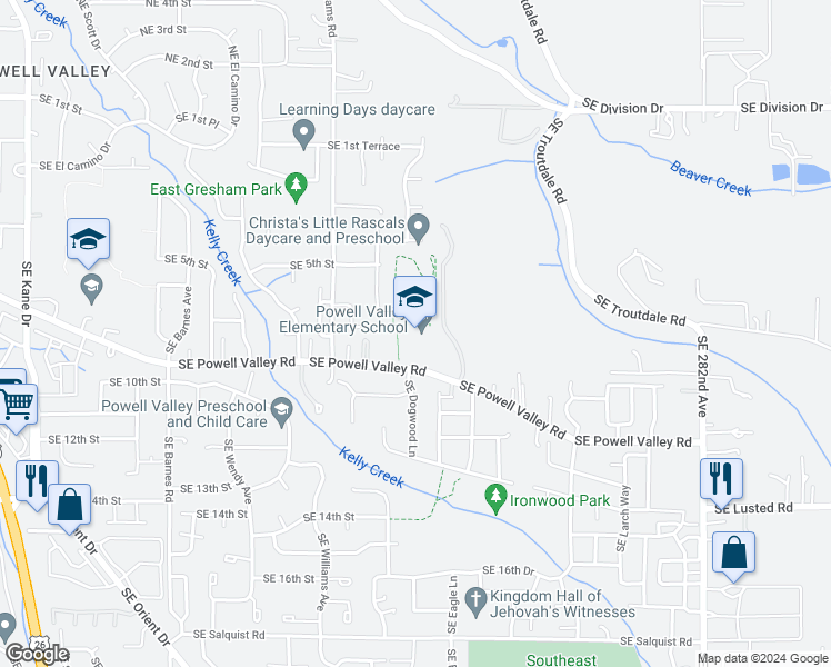 map of restaurants, bars, coffee shops, grocery stores, and more near 4825 Southeast Powell Valley Road in Gresham