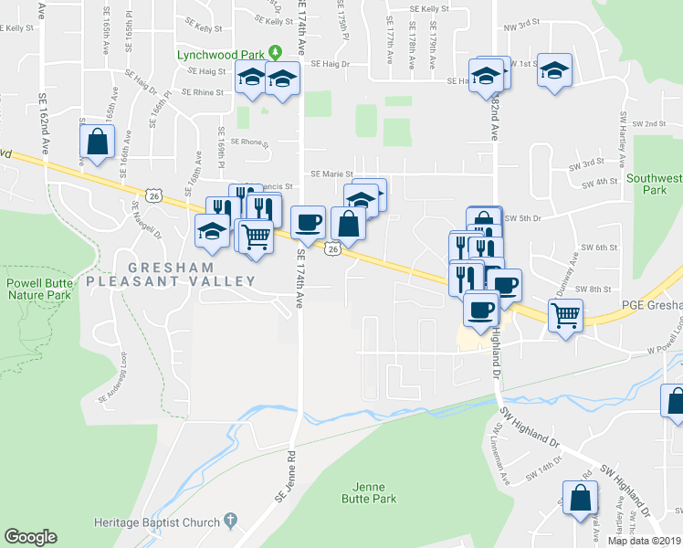 map of restaurants, bars, coffee shops, grocery stores, and more near 954 Southwest Junction Place in Gresham
