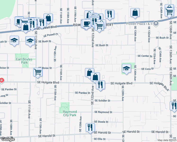 map of restaurants, bars, coffee shops, grocery stores, and more near 12105 Southeast Holgate Boulevard in Portland