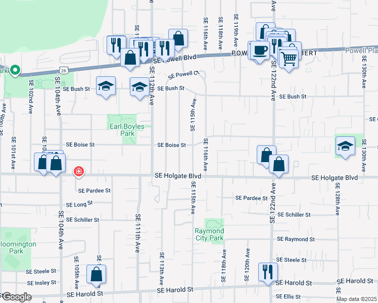 map of restaurants, bars, coffee shops, grocery stores, and more near 4332 Southeast 114th Avenue in Portland