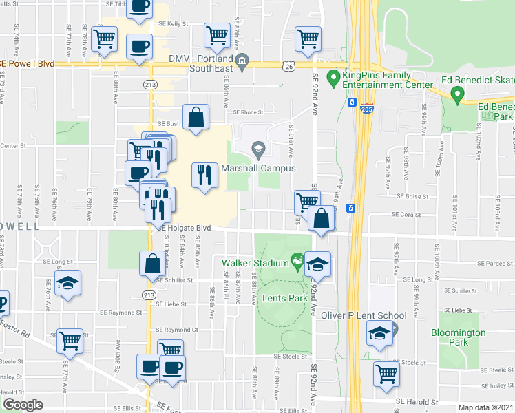 map of restaurants, bars, coffee shops, grocery stores, and more near 4411 Southeast 88th Avenue in Portland