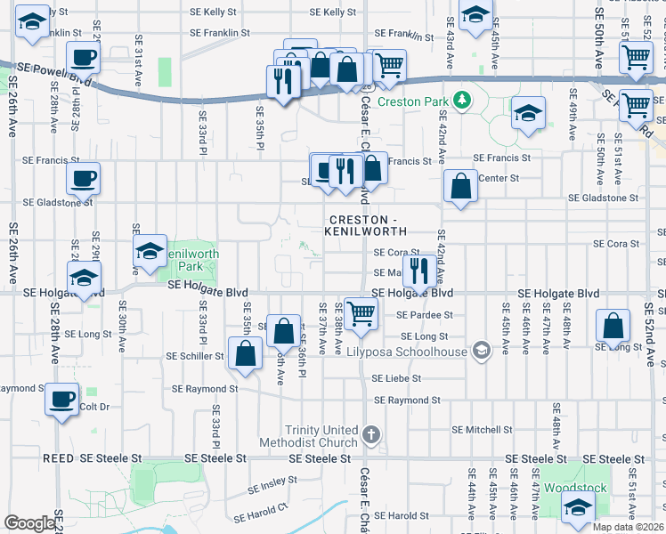 map of restaurants, bars, coffee shops, grocery stores, and more near 3819 Southeast Holgate Boulevard in Portland