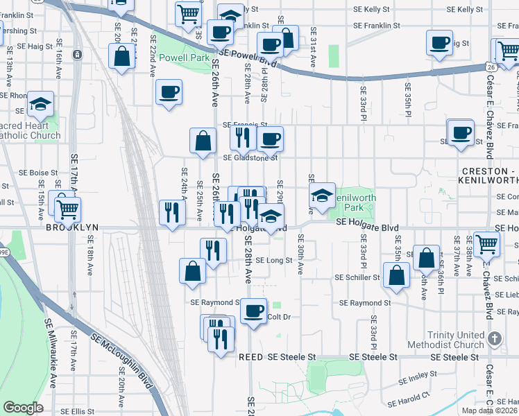 map of restaurants, bars, coffee shops, grocery stores, and more near in Portland