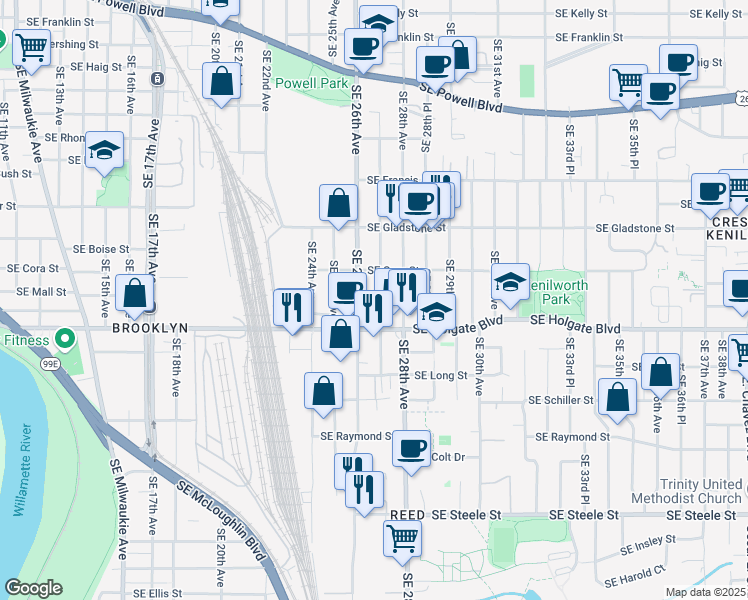 map of restaurants, bars, coffee shops, grocery stores, and more near 4444 Southeast 27th Avenue in Portland
