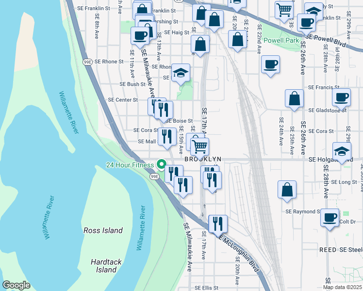 map of restaurants, bars, coffee shops, grocery stores, and more near in Portland