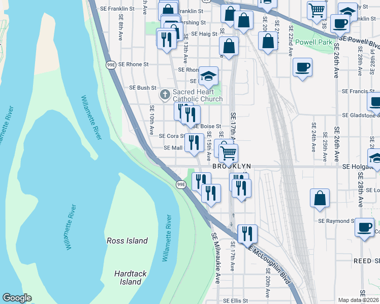 map of restaurants, bars, coffee shops, grocery stores, and more near 1315 Southeast Holgate Boulevard in Portland