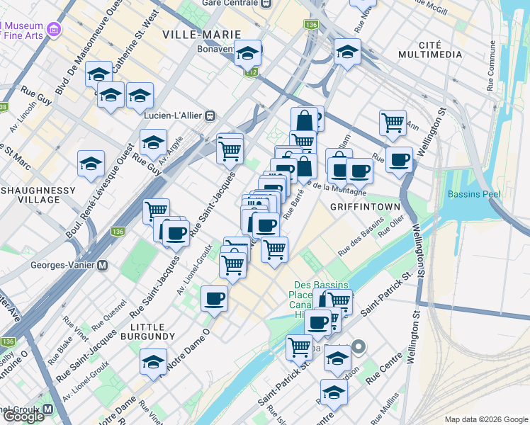 map of restaurants, bars, coffee shops, grocery stores, and more near 1451 Rue Notre-Dame Ouest in Montréal