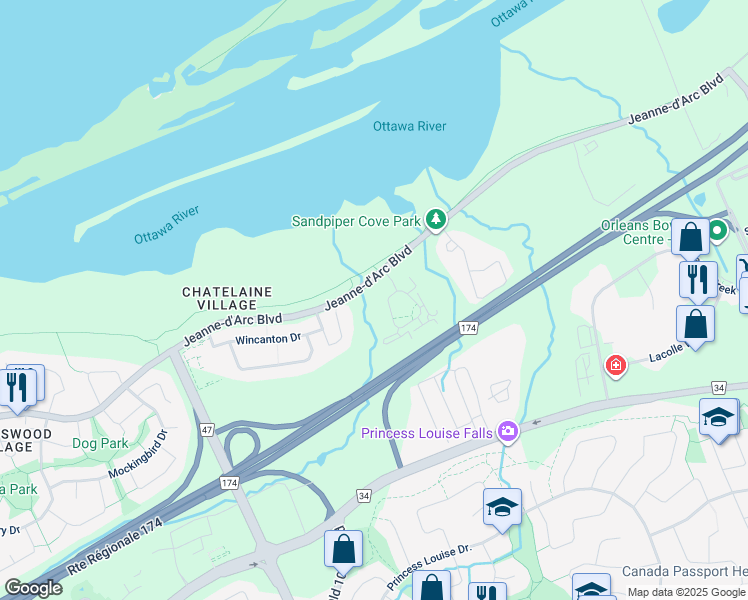 map of restaurants, bars, coffee shops, grocery stores, and more near 8426 Jeanne d'Arc Boulevard North in Ottawa